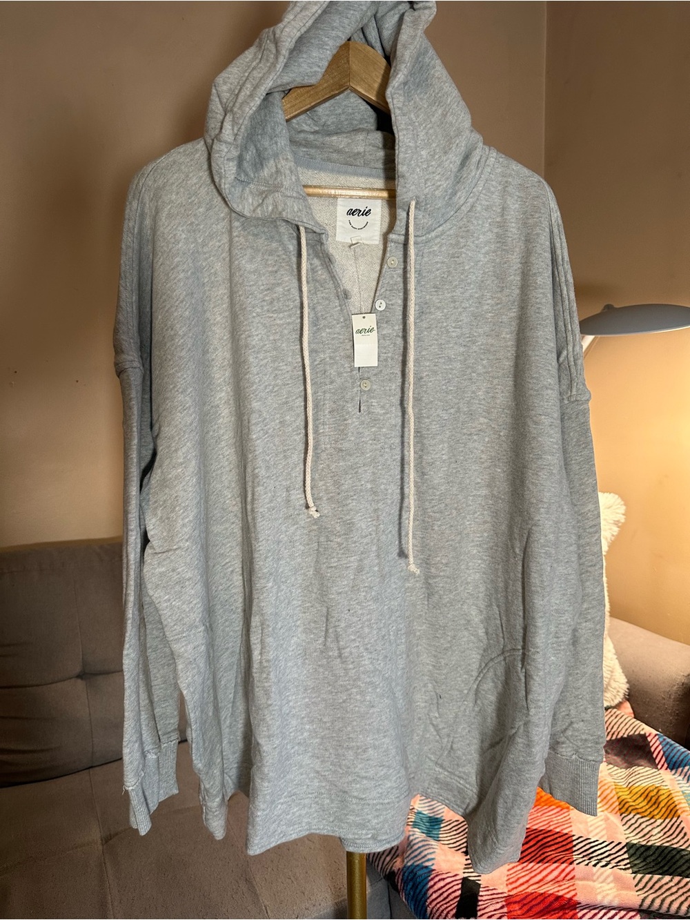 aerie Beach Weekend Oversized Light Gray Hoodie Hooded Henley Sweatshirt
